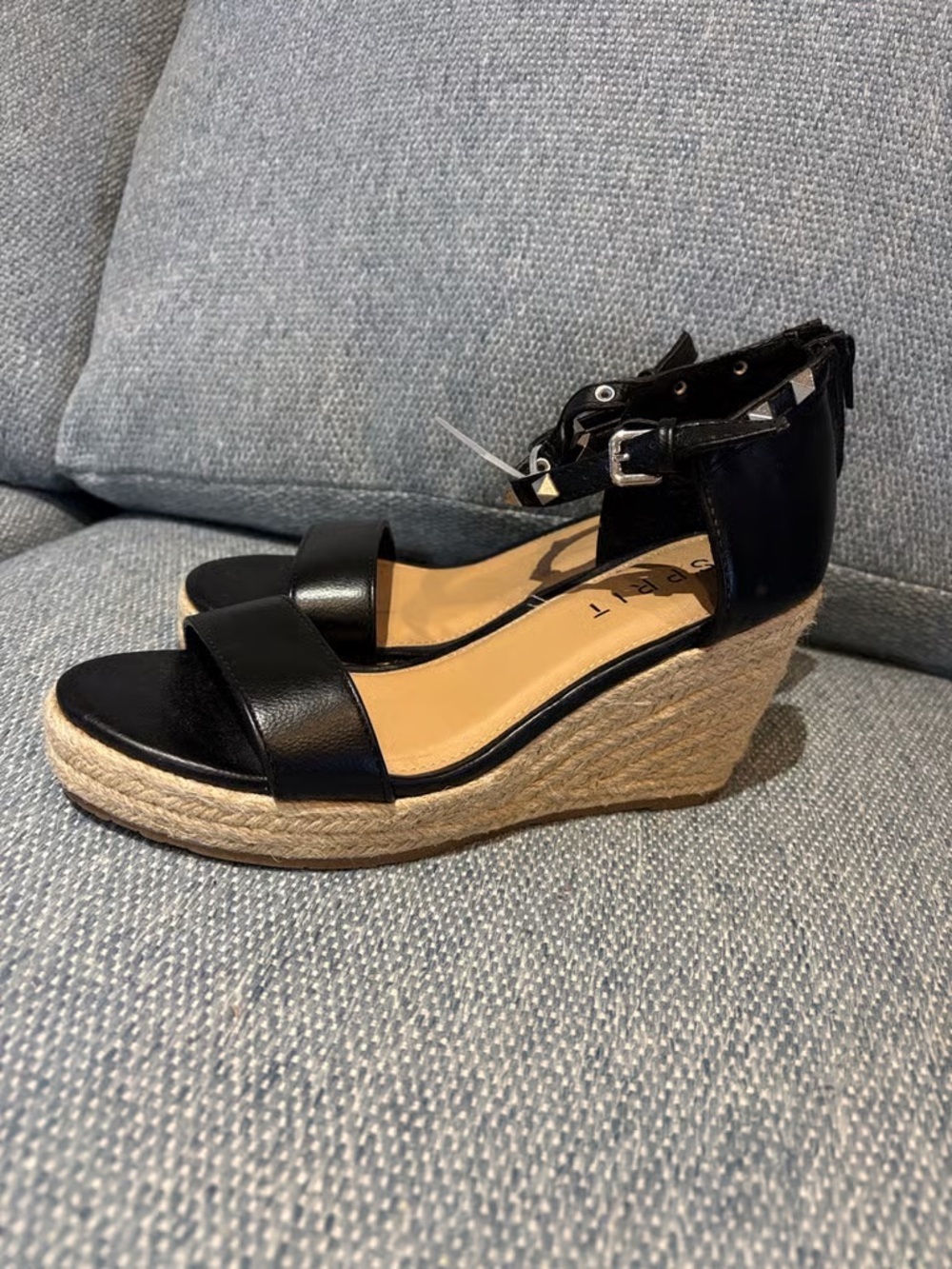 Time and Tru Black Espadrille Wedge Sandals with Ankle Buckle